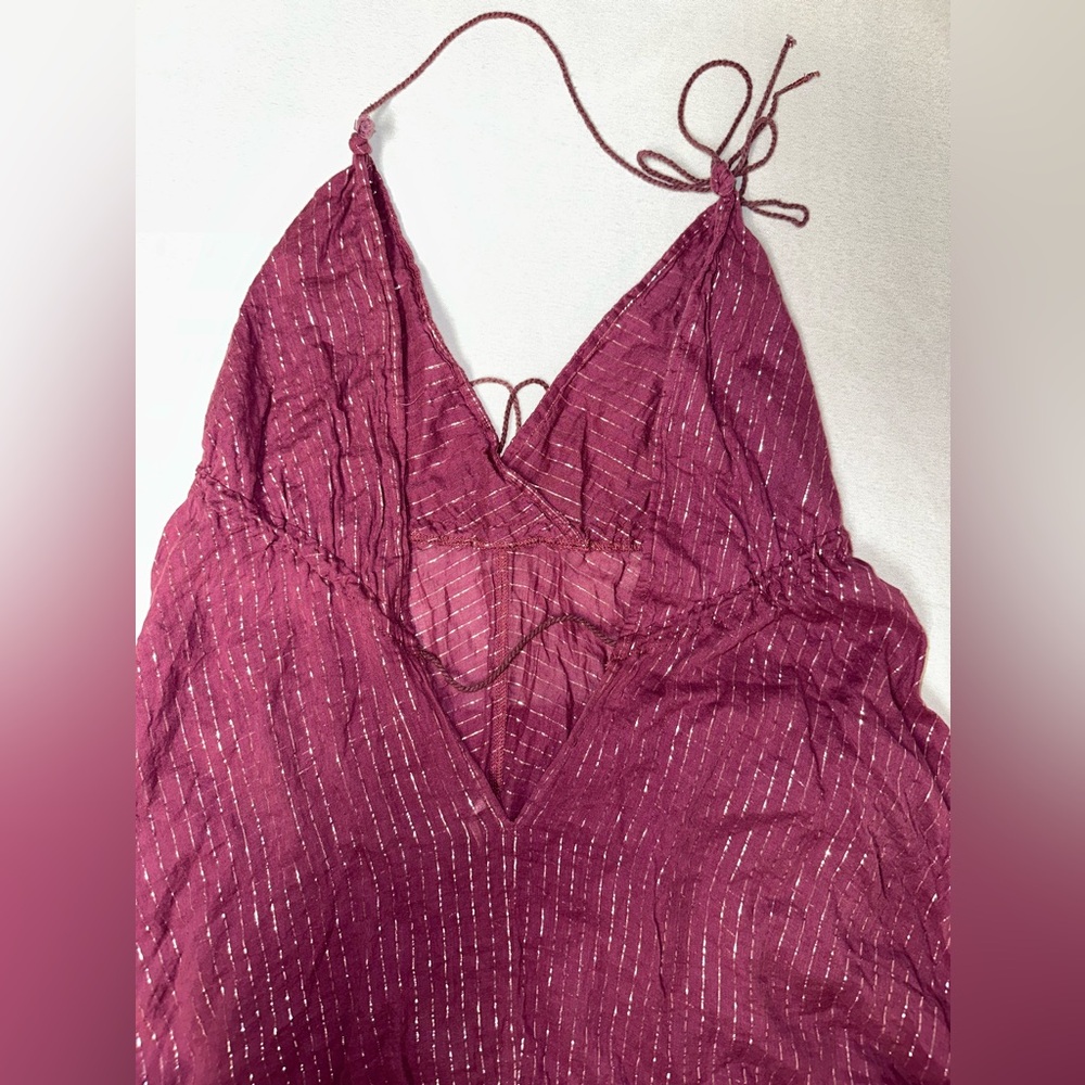 Free People • Burgundy Tinsel Striped Tie Neck Jumpsuit Play Suit Size Medium